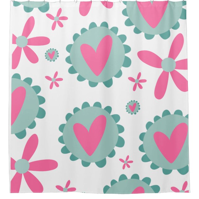 Rideaux De Douche Coeurs Roses Et Fleurs Roses Motif (Devant)