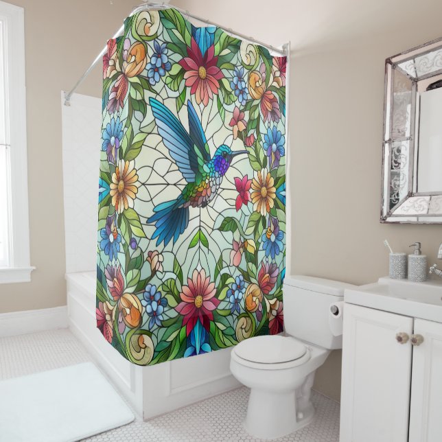 Rideaux De Douche Colibri gracieux avec effet de verre tendu (En situation)