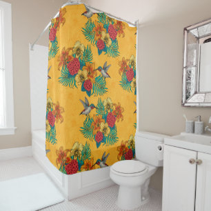 Rideaux De Douche Colibris et bouquet tropical en jaune