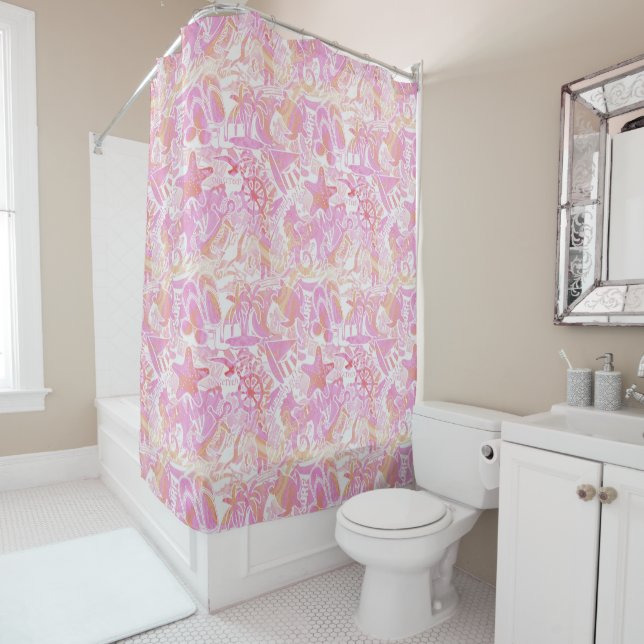 Rideaux De Douche Collage de plage nautique Hot Pink ID840 (En situation)