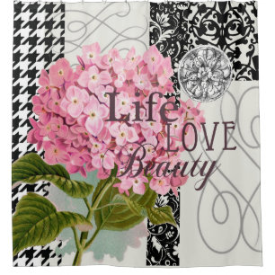 Rideaux De Douche Collage d'hortensia rose chic Art damassé vintage