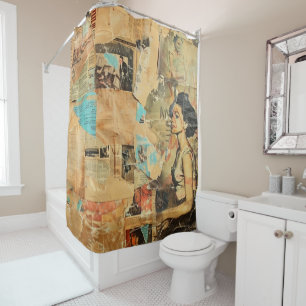 Rideaux De Douche Collage rustique Vintage de journaux (8)