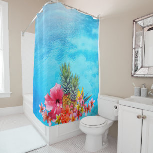 Rideaux De Douche Collection hawaïenne Ananas Plumeria Bleu Océan