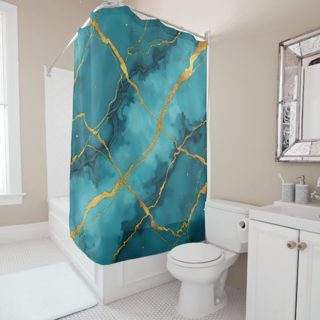 Rideaux De Douche Collection tendance en marbre bleu turquoise (En situation)