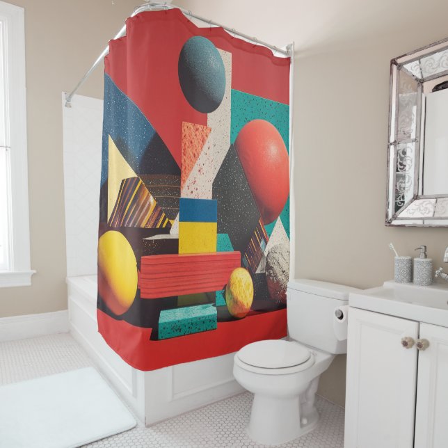 Rideaux De Douche Colorful Geometric Shapes on Red Background (En situation)