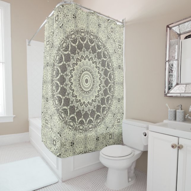 Rideaux De Douche Conception de motif mandala beige et taupe (En situation)