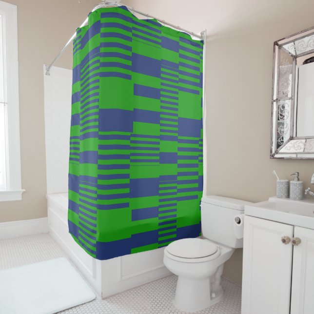 Rideaux De Douche Conception de rayures patchwork bleu vert  (En situation)