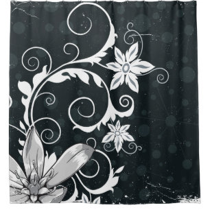Rideaux De Douche Conception florale noire et blanche élégante et