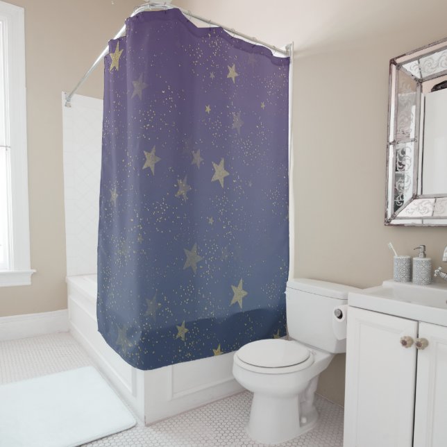 Rideaux De Douche Confetti violet Gold Stars (En situation)