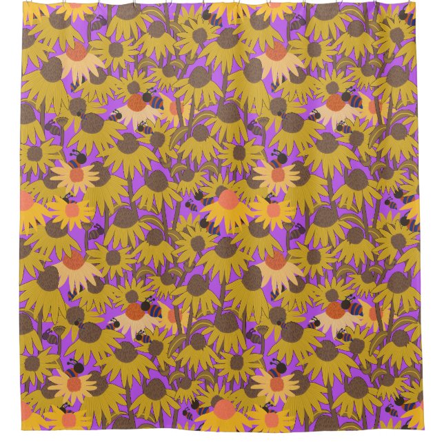 Rideaux De Douche Confleurs et abeilles Arrière - plan violet (Devant)
