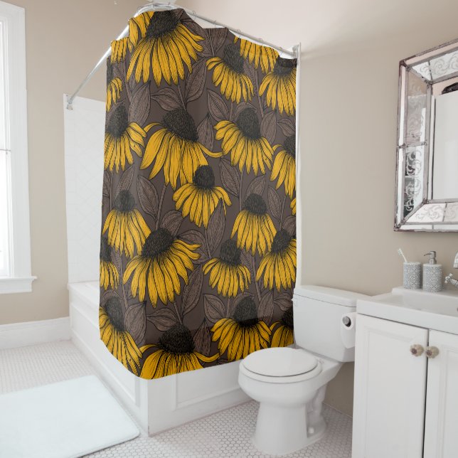 Rideaux De Douche Confleurs jaunes sur brun foncé (En situation)
