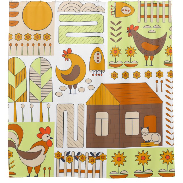 Rideaux De Douche Coq, poules, dessin géométrique floral. (Devant)