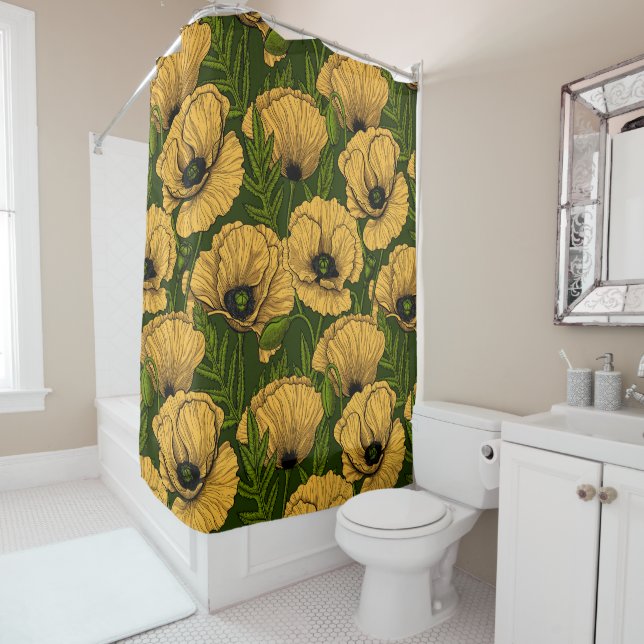 Rideaux De Douche Coquelicots jaunes sur vert foncé (En situation)