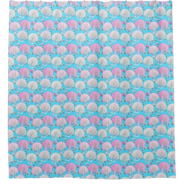 Rideaux De Douche Coques de mer roses et blanches sur turquoise (Devant)