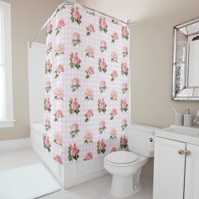 Rideaux De Douche Coquette Aesthétique Rose En vichy Et Roses (En situation)