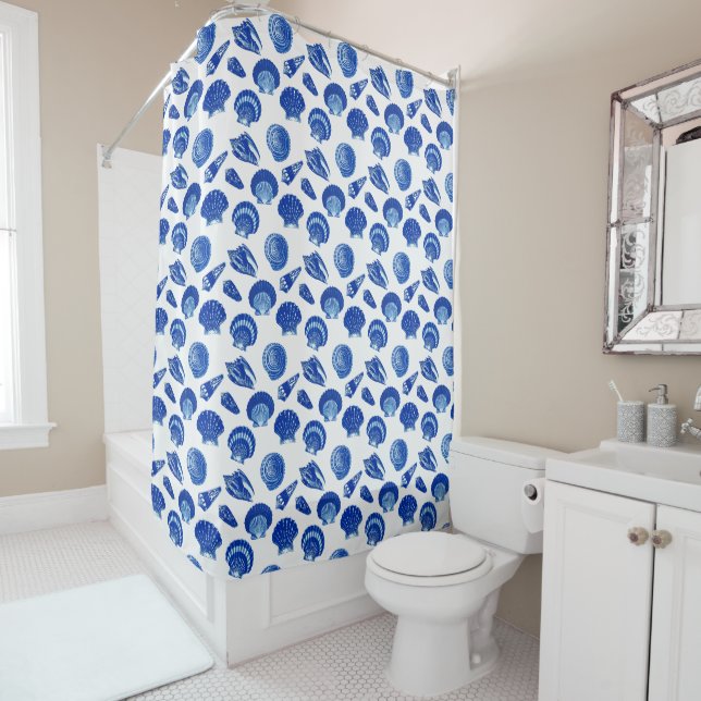 Rideaux De Douche Coquillages - Bleu de marine sur un Arrière - plan (En situation)