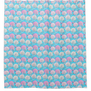 Rideaux De Douche Coquilles de mer roses et blanches sur du turquois