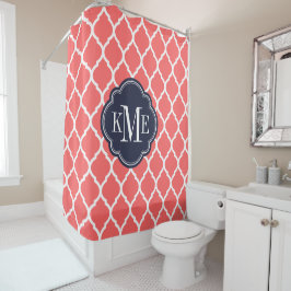 Rideaux De Douche Corail et marine Marocain Quatrefoil Monogramme