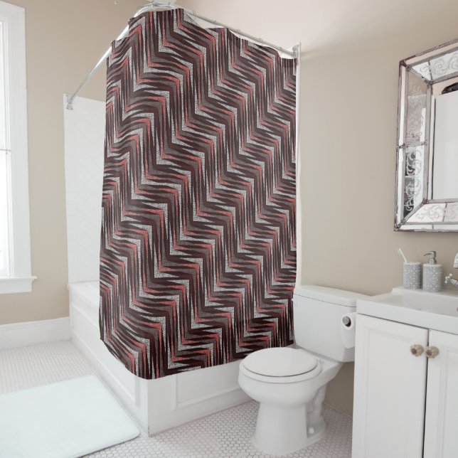 Rideaux De Douche Corail, gris, motif brun zigzag. (En situation)