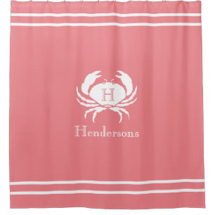 Rideaux De Douche Corail nautique Crabe blanc Nom du monogramme