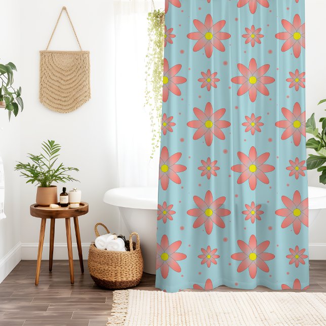 Rideaux De Douche Corail rose et poudres bleu délicat marguerite fle (Créateur téléchargé)