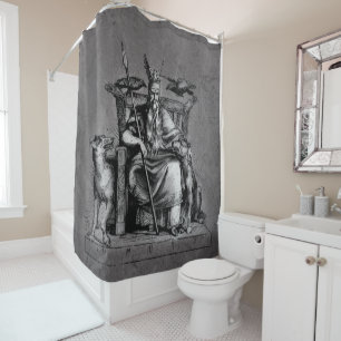 Rideaux De Douche Corbeaux d'Odin sur son trône de pierre mythologie