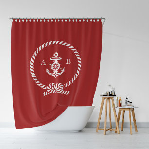 Rideaux De Douche Corde marine rouge et monogramme Ancre