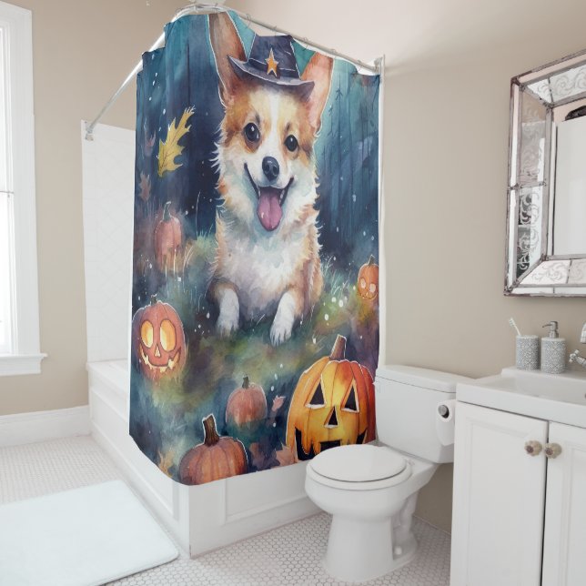 Rideaux De Douche Corgi d'Halloween avec la peur Citrouille (En situation)