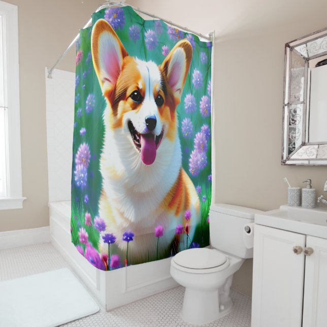 Rideaux De Douche Corgi floral (En situation)