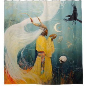 Rideaux De Douche Corne Prêtre Lune Occulte Dark Witchk Art AI Art