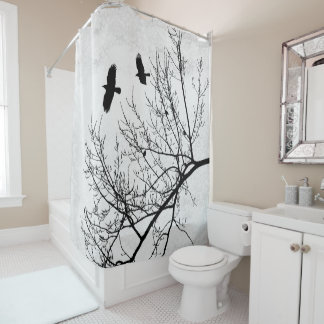Rideaux De Douche Corneilles et arbres gothiques Noir et blanc
