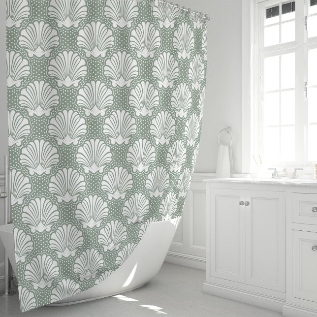 Rideaux De Douche Côte côtière de Sage Green et White Seashell (Créateur téléchargé)