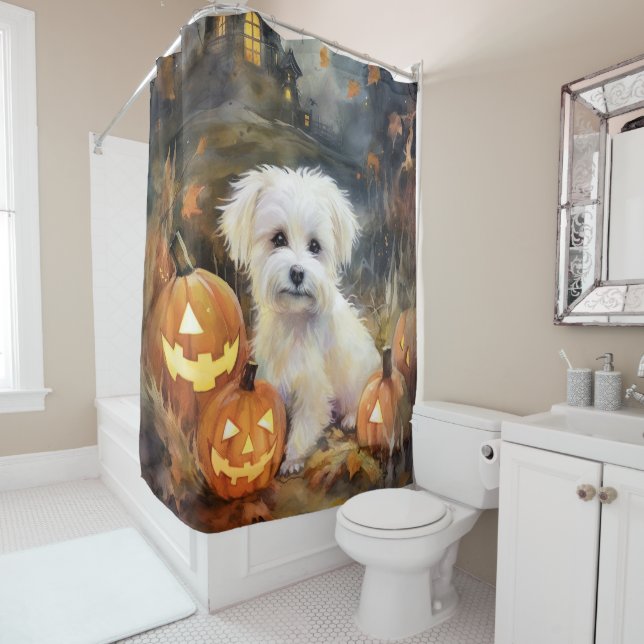 Rideaux De Douche Coton De Tulear Halloween Avec Peur Citrouille (En situation)