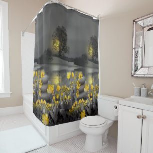 Rideaux De Douche Coucher de soleil jaune et gris avec tulipes