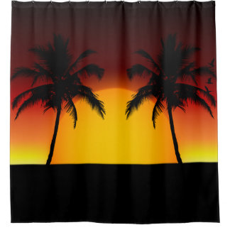 Rideaux De Douche Coucher de soleil sur une paume tropicale en silho
