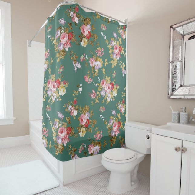 Rideaux De Douche Country chic forest green pink gold (En situation)