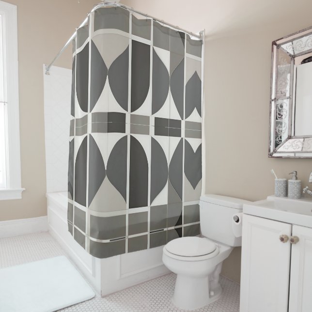 Rideaux De Douche Courbes géométriques modernes en gris et blanc (En situation)