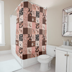 Rideaux De Douche Courtepoint Patchwork Rose Marron Fleurs Rétro