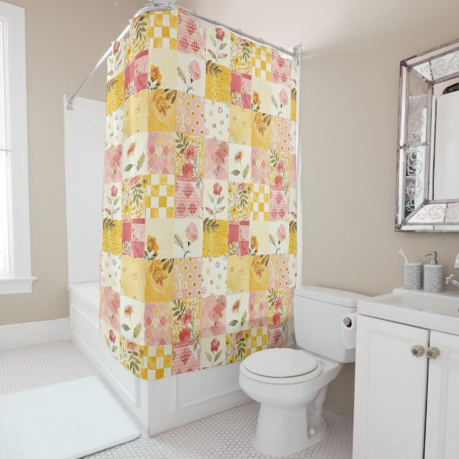 Rideaux De Douche Couverture Patchwork Rose Jaune Rétro Floral Rusti (En situation)