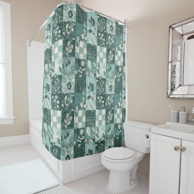 Rideaux De Douche Couvre-lit Patchwork Sarcelle Fleurs Rétro  (En situation)