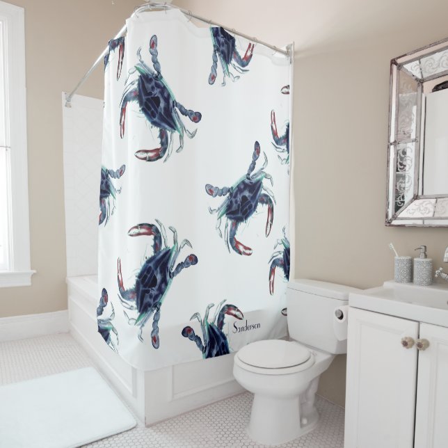 Rideaux De Douche Crabe marine bleu et blanc (En situation)