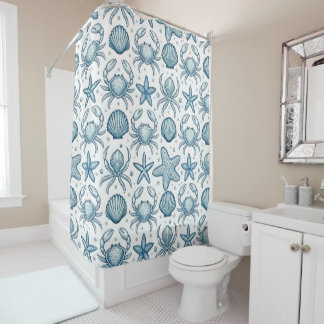 RIDEAUX DE DOUCHE CRABES BLEUS ET BLANCS COQUILLAGES ET ETOILES DE M