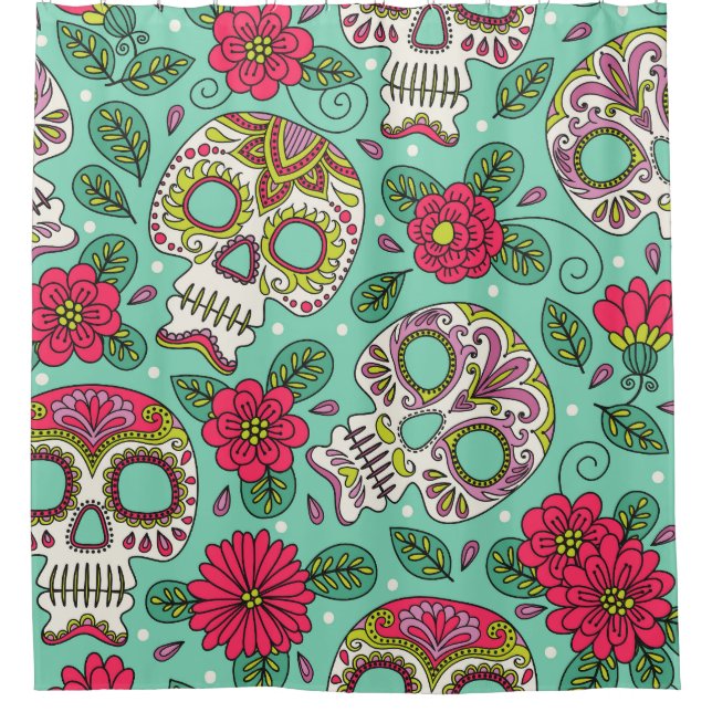 Rideaux De Douche Crâne et fleurs mexicaines, sans soudure. (Devant)