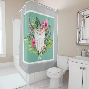 Rideaux De Douche Crâne Floral Boho Sarcelle & Gris Chic Glam Modern