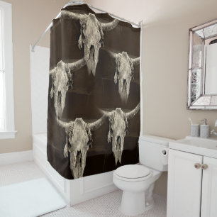 Rideaux De Douche Crâne rustique de buffle de sépia avec des klaxo