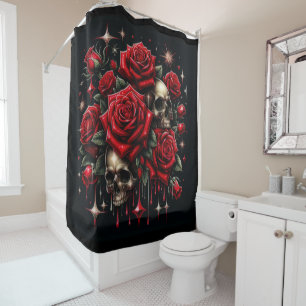 Rideaux De Douche Crânes dorés et roses rouges scintillent de glamou