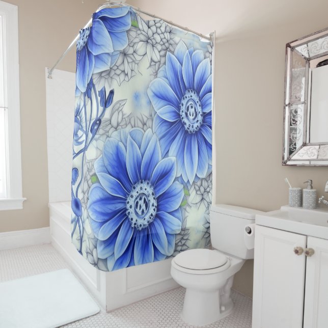 Rideaux De Douche Créez votre propre Fleur Bleue Fabriquée Sur Mesur (En situation)
