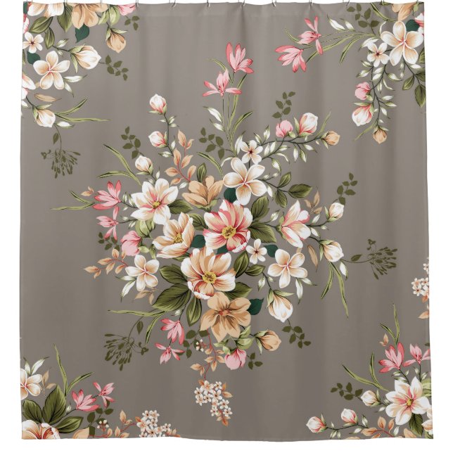Rideaux De Douche Crème, fleurs roses sur gris. (Devant)