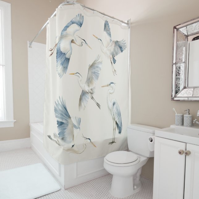 Rideaux De Douche Crème Graceful Flying Blue Herons (En situation)