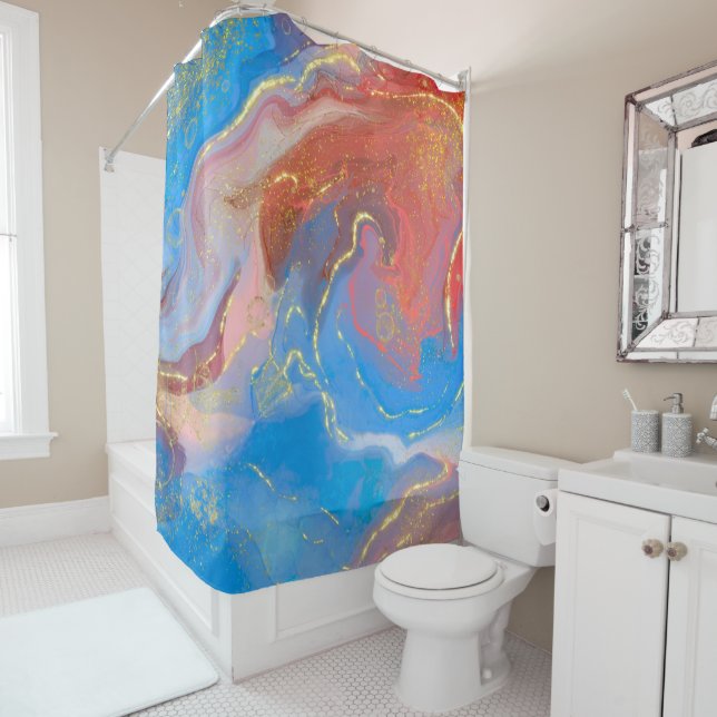 Rideaux De Douche Crimson, Blush, Blue and Gold Marbled Alcohol Ink (En situation)